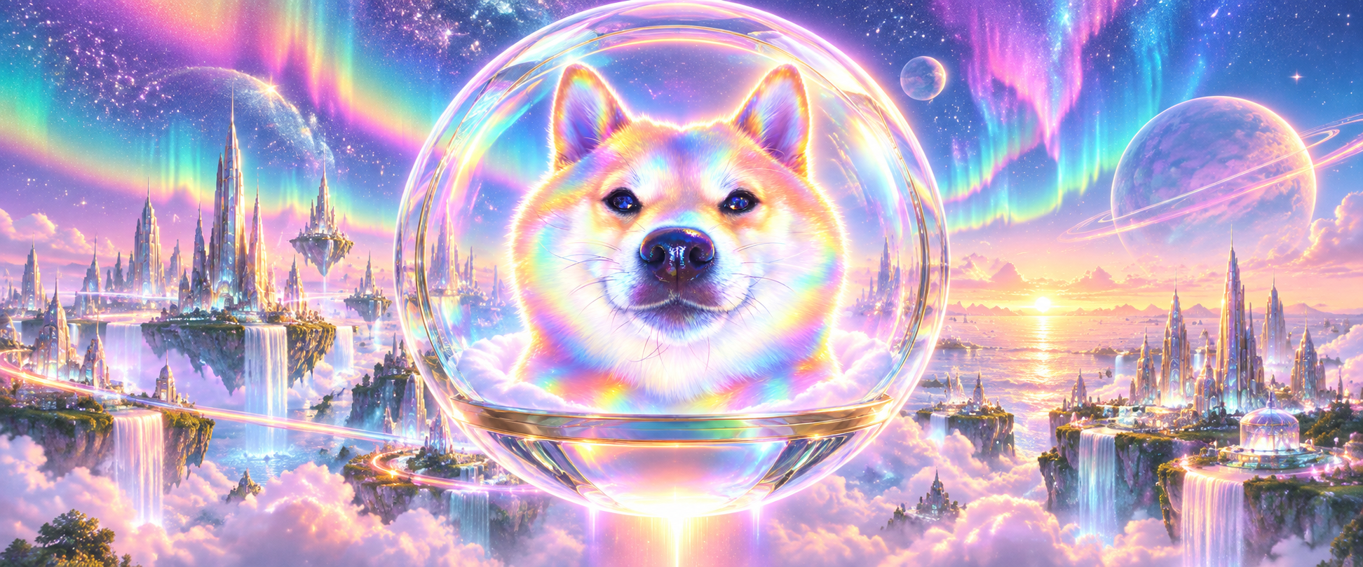 Prism Inu above a radiant future city