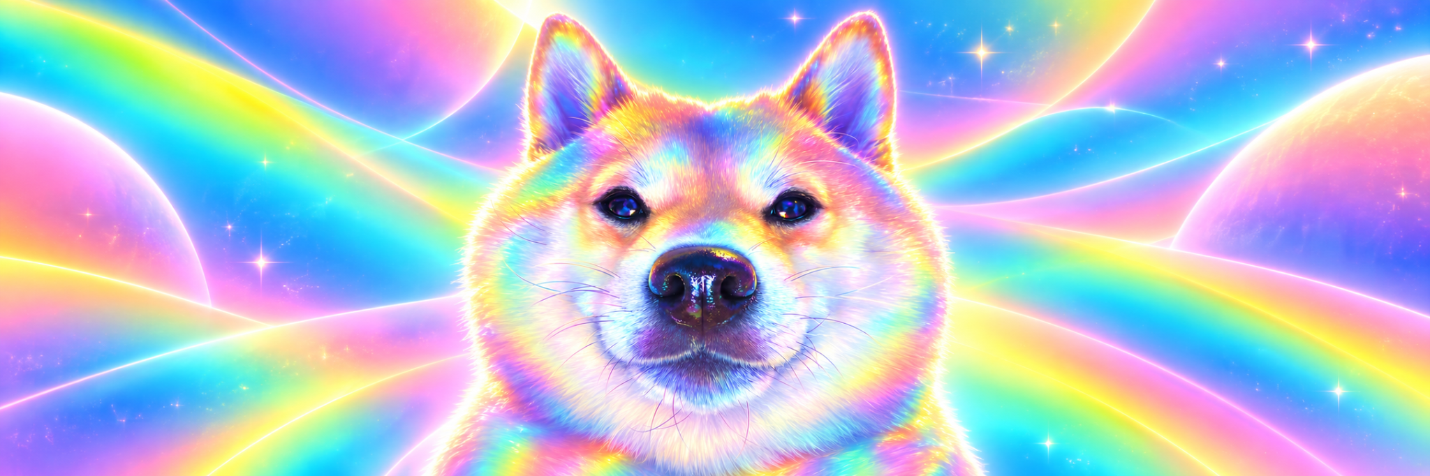 Wide portrait of Prism Inu surrounded by radiant cosmic rainbow waves