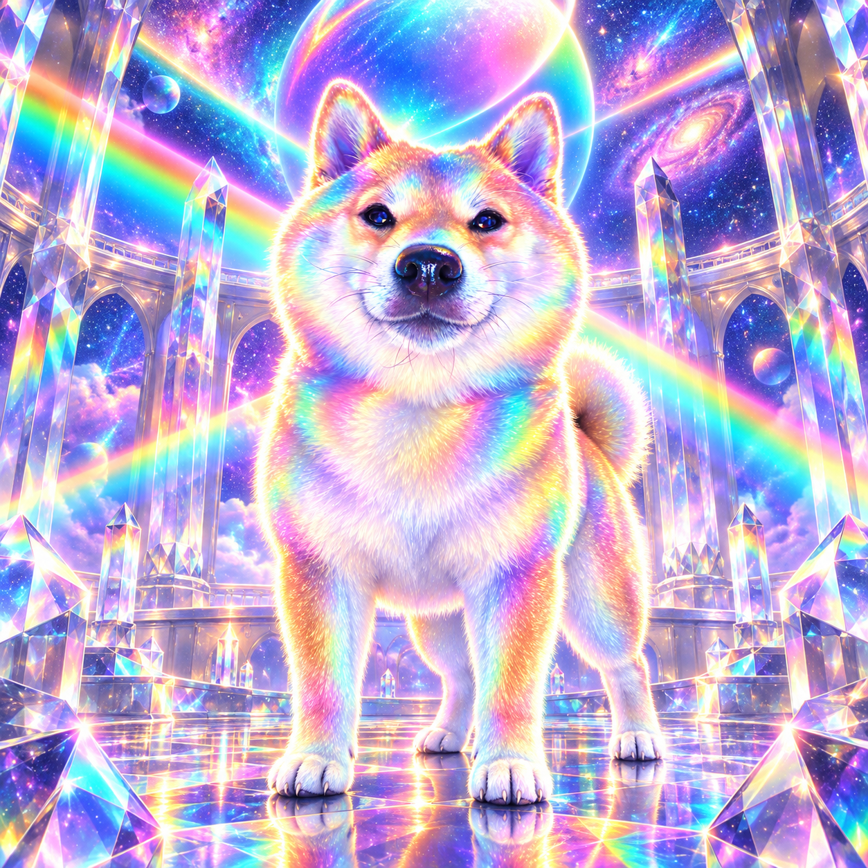 Prism Inu standing in a crystal observatory