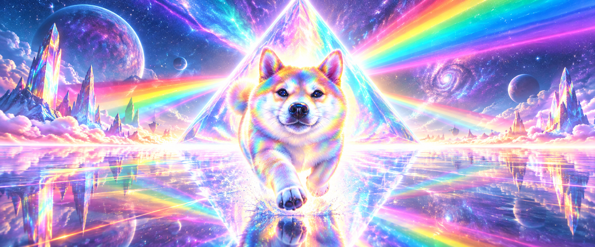 Prism Inu running toward a giant prism portal