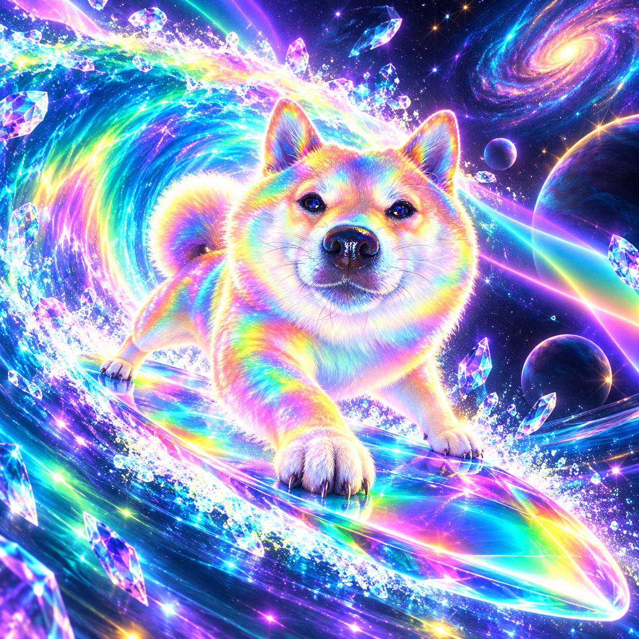 Prism Inu surfing a luminous cosmic wave