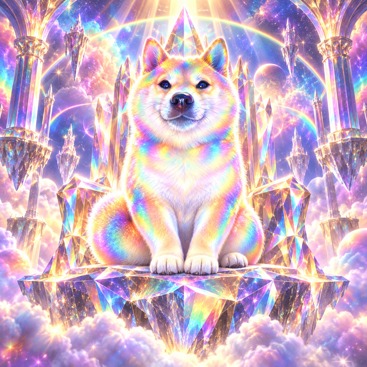Prism Inu seated on a crystal throne